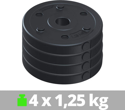 Hantelscheiben - Set 5 kg (4 x 1,25 kg), 30/31mm Bohrung, Kunststoff, Schwarz - Gorilla Sports DE