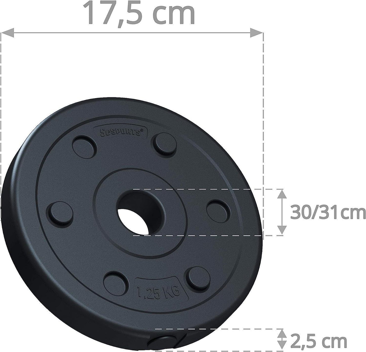 Hantelscheiben - Set 5 kg (4 x 1,25 kg), 30/31mm Bohrung, Kunststoff, Schwarz - Gorilla Sports DE