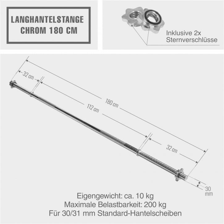 Langhantelstange Chrom 180 cm mit Sternverschluss - Gorilla Sports DE