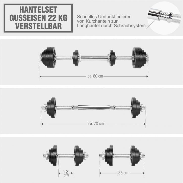 Hantelset Gusseisen 22 kg Verstellbar 2 in 1 - Gorilla Sports DE