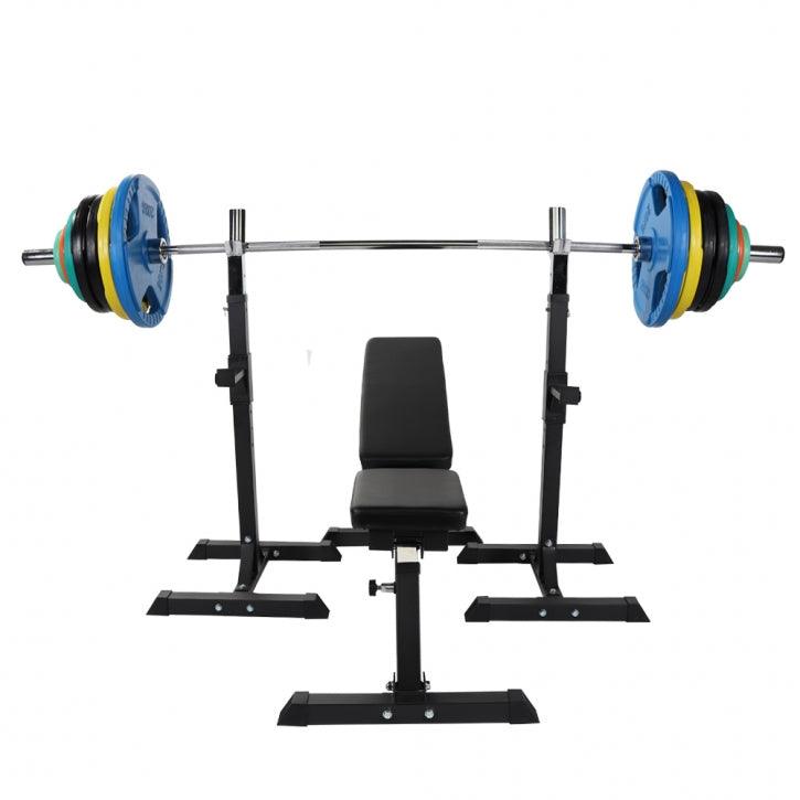 Hantelbank mit Olympia Langhantel Set Gummi Gripper 150 kg - Gorilla Sports DE