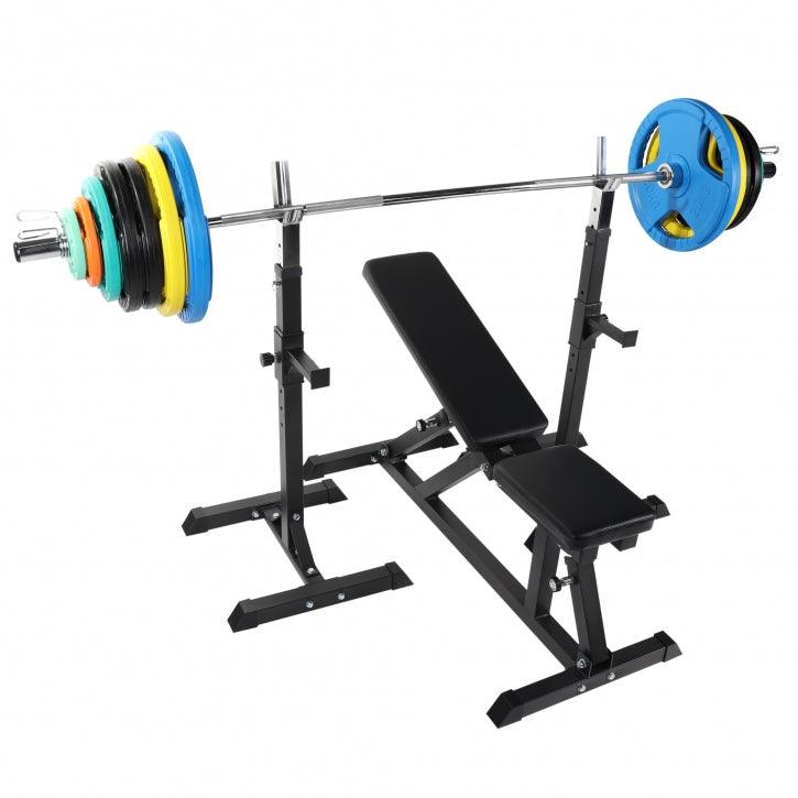 Hantelbank mit Olympia Langhantel Set Gummi Gripper 150 kg - Gorilla Sports DE