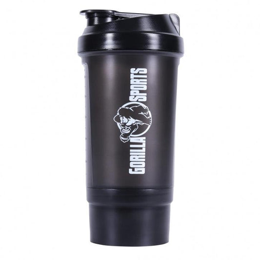 Protein Shaker 500 ml mit Pulverfach schwarz - Gorilla Sports DE