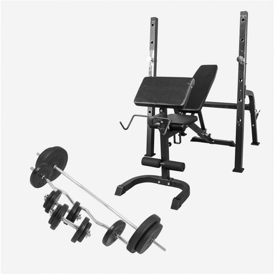 Hantelbank mit separater Ablage inkl. Langhantelset 100 kg - Gorilla Sports DE