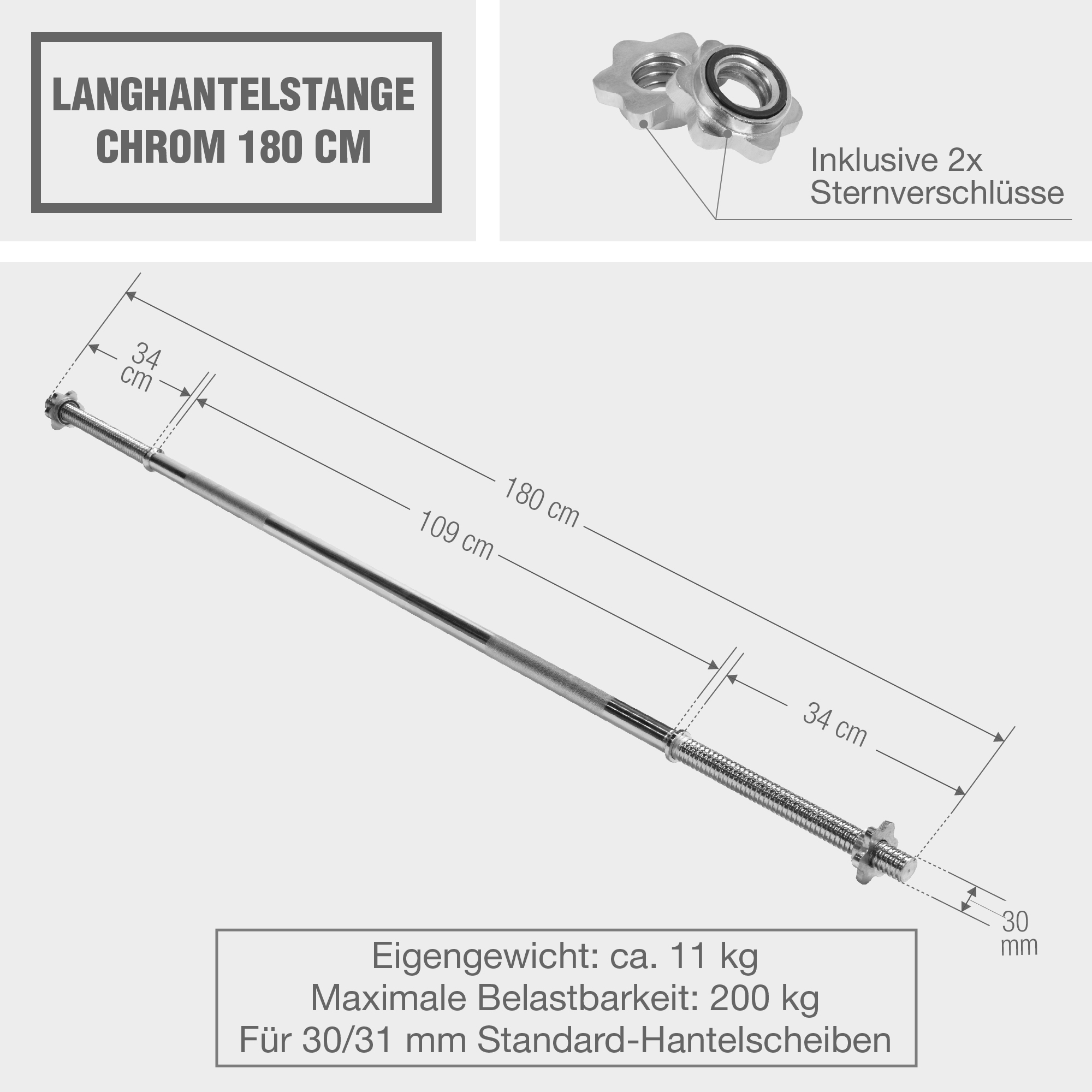 Langhantelstange Chrom cm ✓ Sternverschluss mit 180